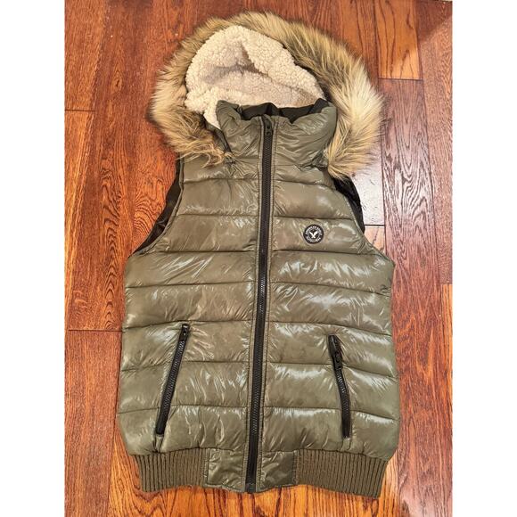 American Eagle Down Puffer Vest Faux Fur Hat Women's Small Teen Olive Green - Picture 9 of 12